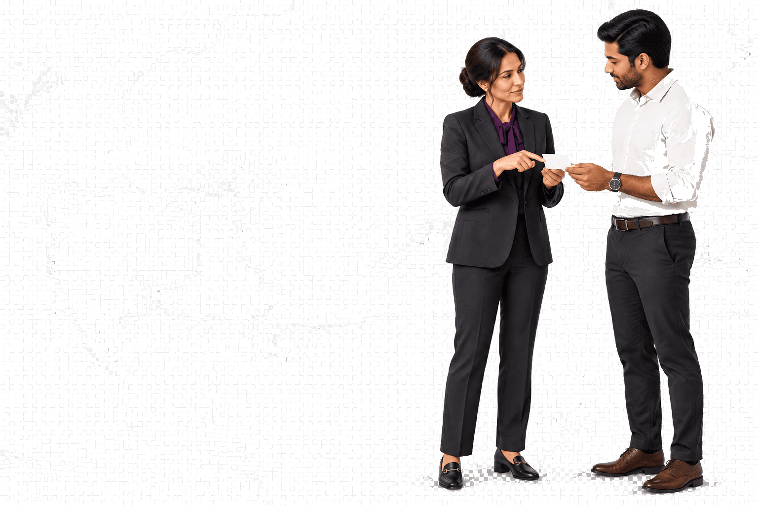 Two service professionals making a clear, attentive appointment handoff.