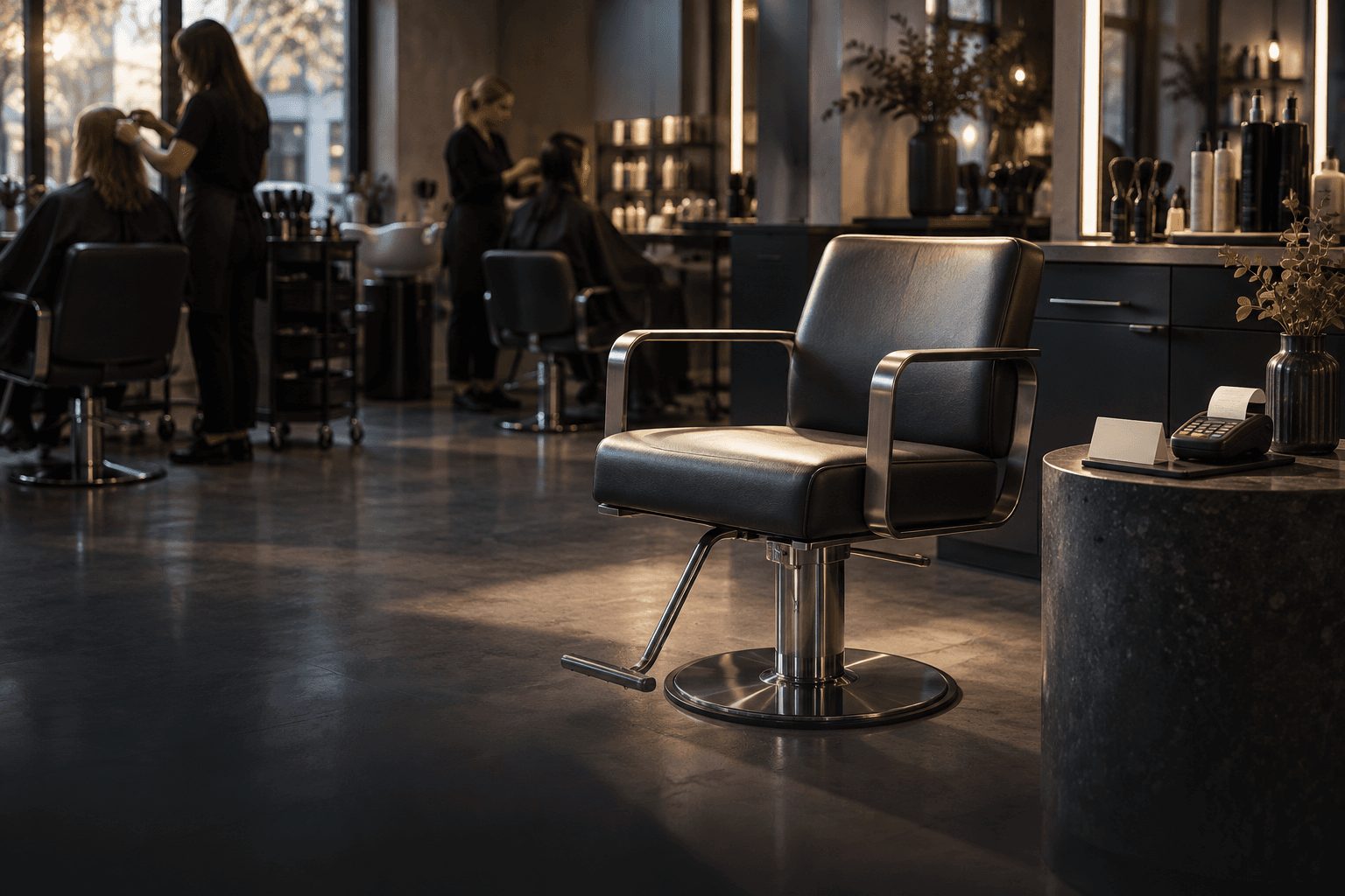 A visibly empty salon chair beside a payment terminal and appointment card