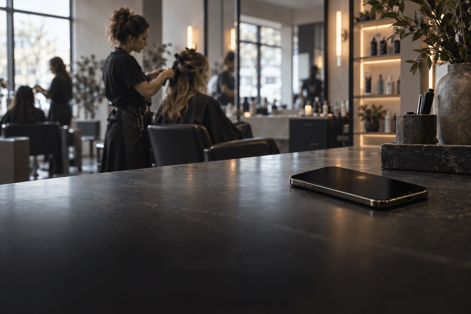 An unread customer message waiting while a salon team works with clients