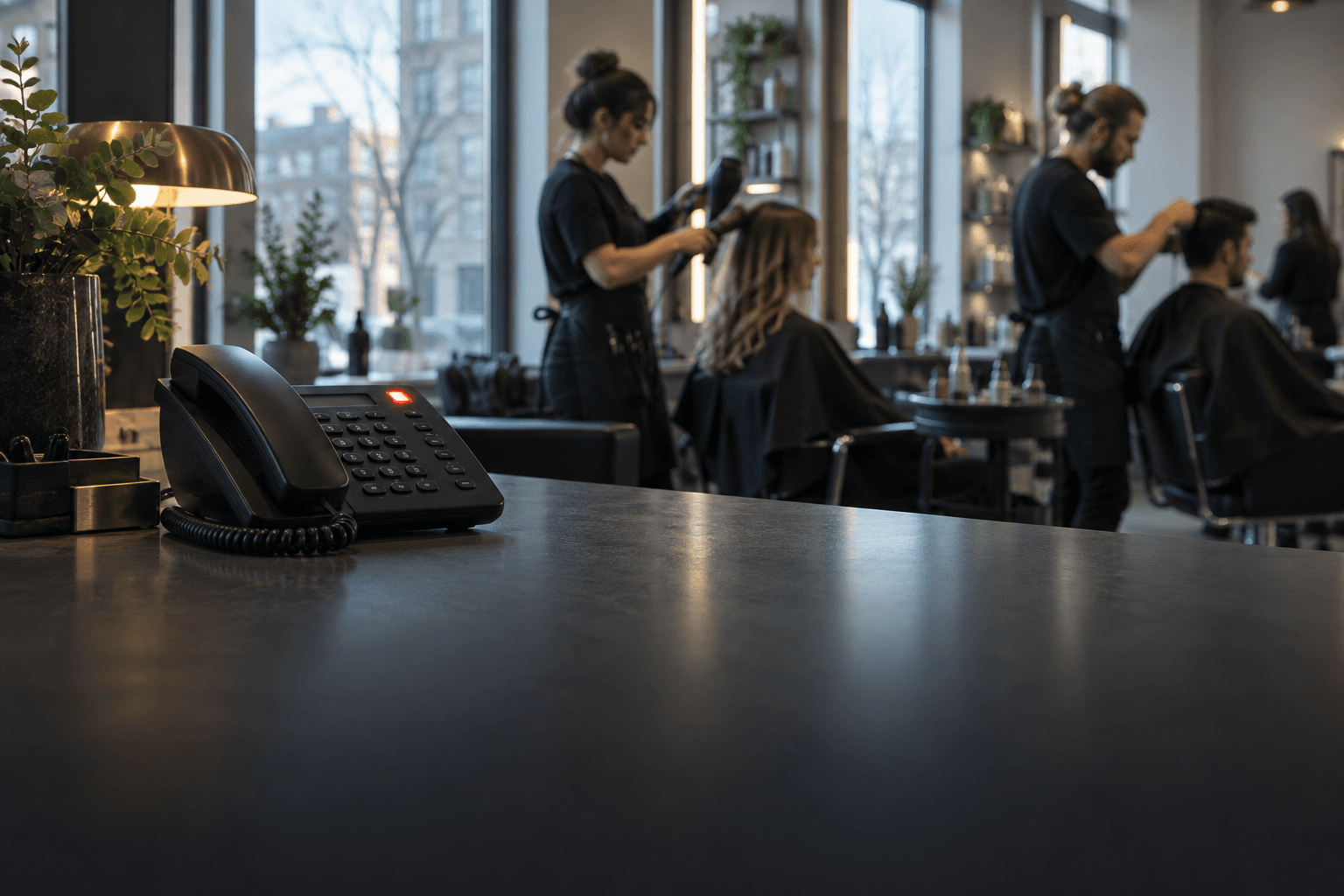 A ringing desk phone while stylists are occupied with clients