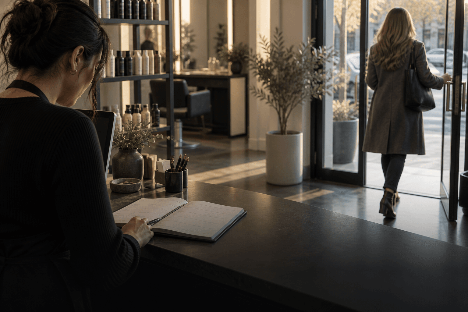A customer leaving a salon while the front desk looks at an unbooked appointment diary