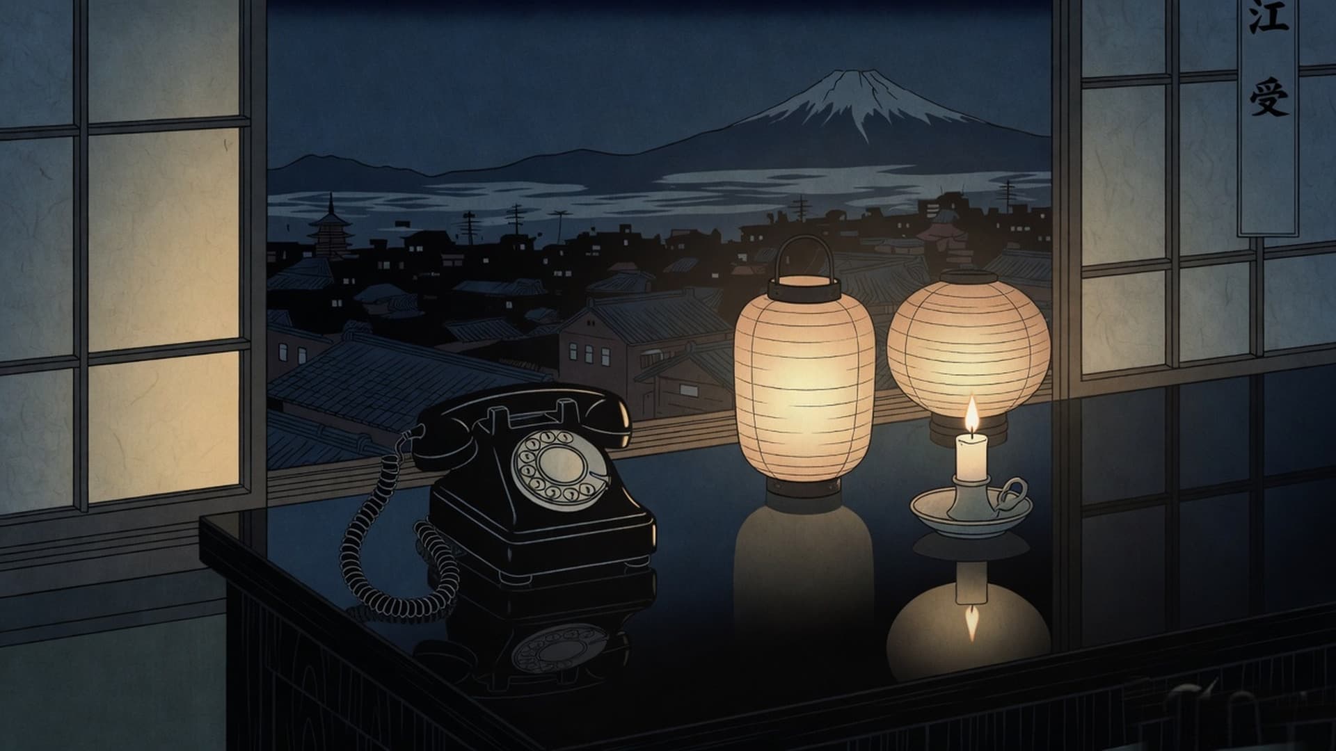 Empty birdcage and tied scroll on one table, rotary phone, open ledger, and inkstone on the other, rain outside the window