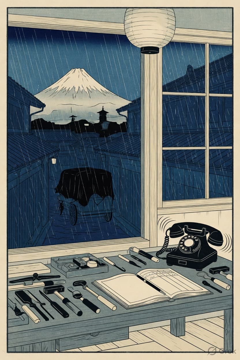 Workshop desk with a telephone and job ledger at blue hour
