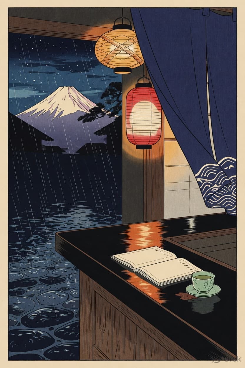 Inn counter with lanterns and an open reservation book, rain over water and Mount Fuji
