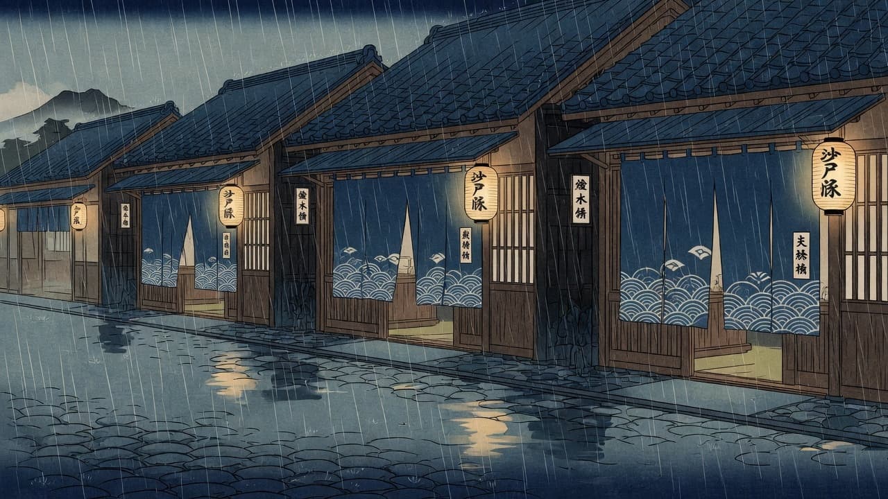 Rain-soaked street of wooden shopfronts with lit lanterns and noren, each doorway its own shop