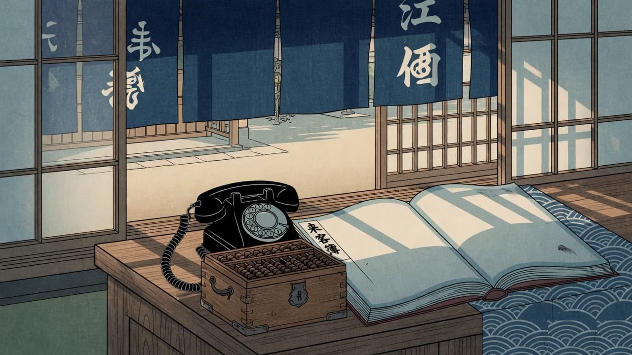 Shop counter with a black rotary phone, wooden abacus, and open ledger under blue noren curtains