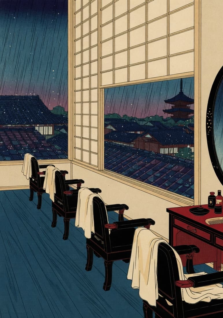 Hokusai salon chairs in rain, looking over tiled rooftops