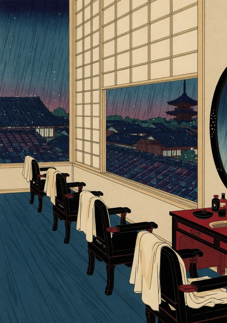 Hokusai salon chairs in rain, looking over tiled rooftops