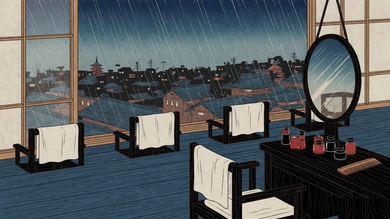 Empty salon chairs with white towels facing rain over tiled rooftops, a hanging oval mirror and colour bottles on the station