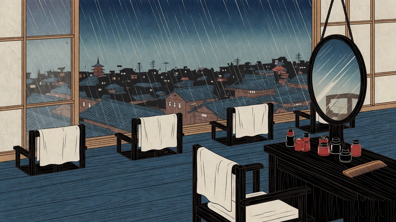 Salon chairs facing a rainy street of tiled roofs
