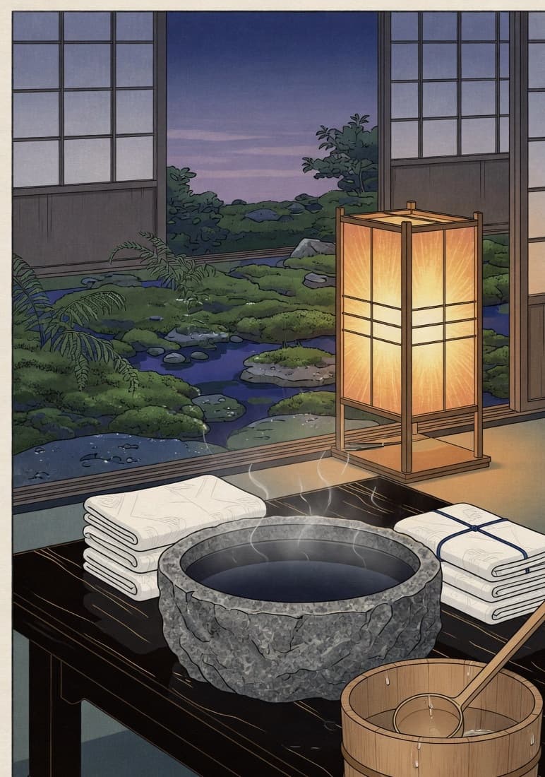 A quiet wellness room with folded towels and a stone basin