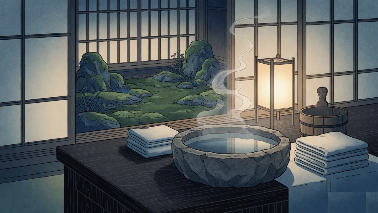 A spa room with a stone basin, folded towels, a lantern, and a moss garden beyond the shoji