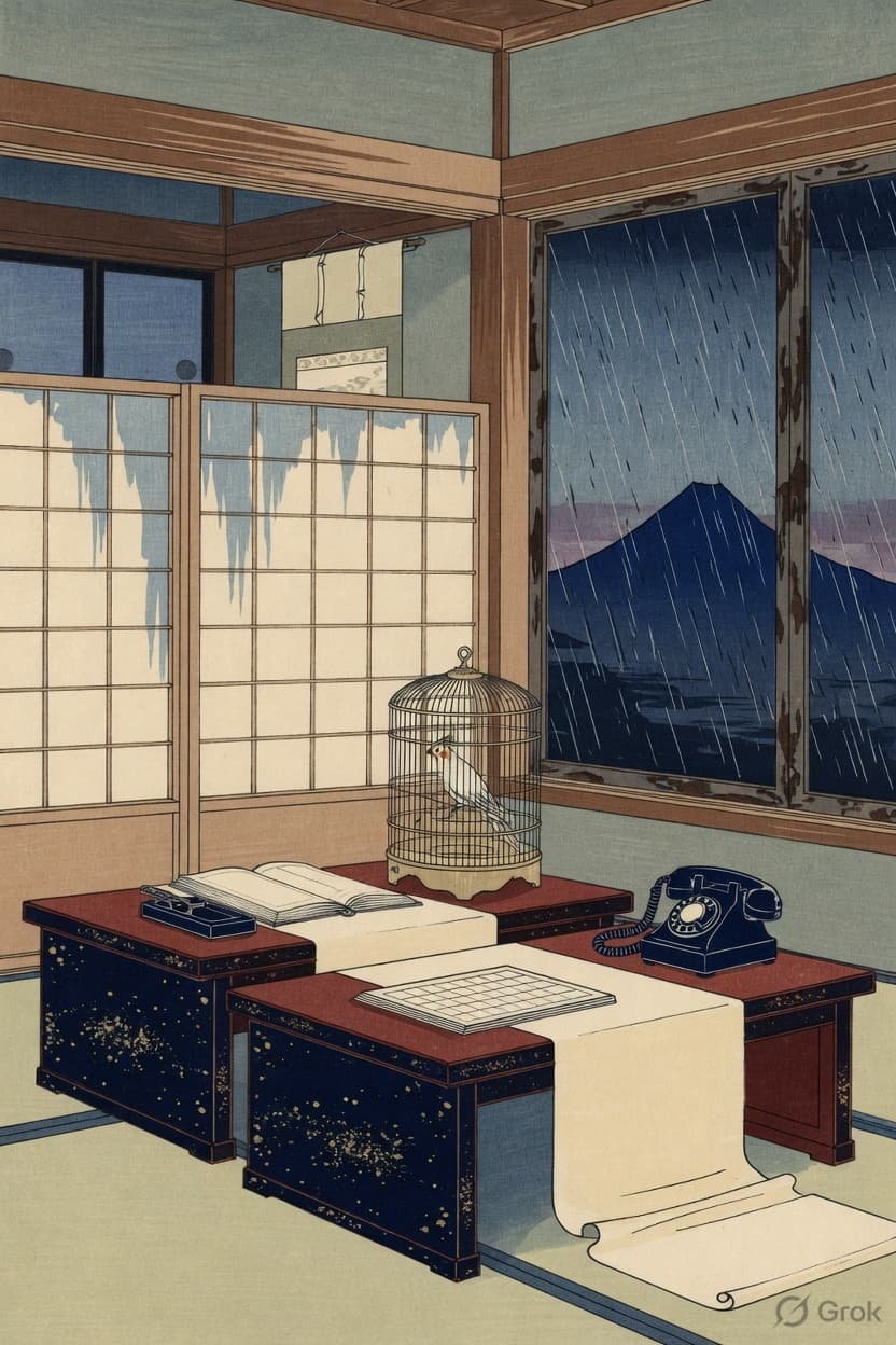 A small studio with two low desks, an open ledger, a caged bird, and a rotary phone by a rainy window