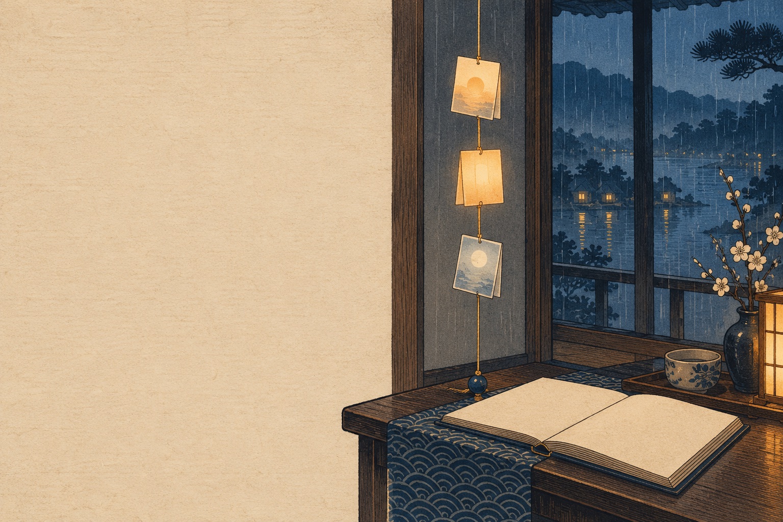 Woodblock-style still life: three message slips on a glowing thread, lit by morning sun, lantern and moonlight, ending in the open book