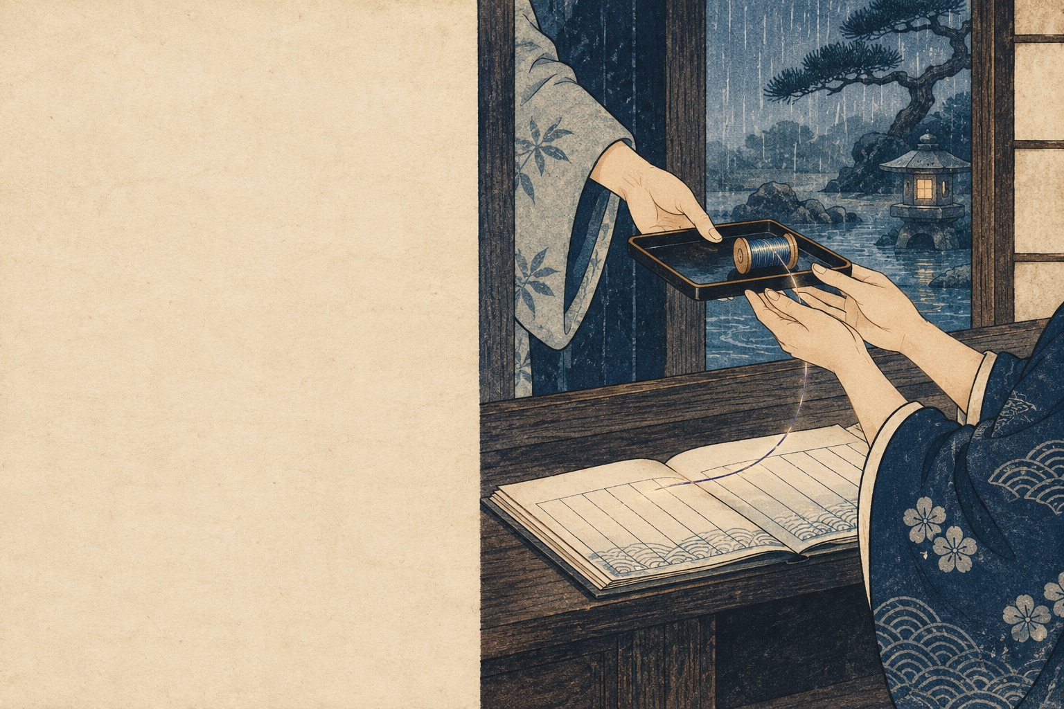 Woodblock-style handoff: a receptionist receives a spool of glowing thread on a tray beside the open book