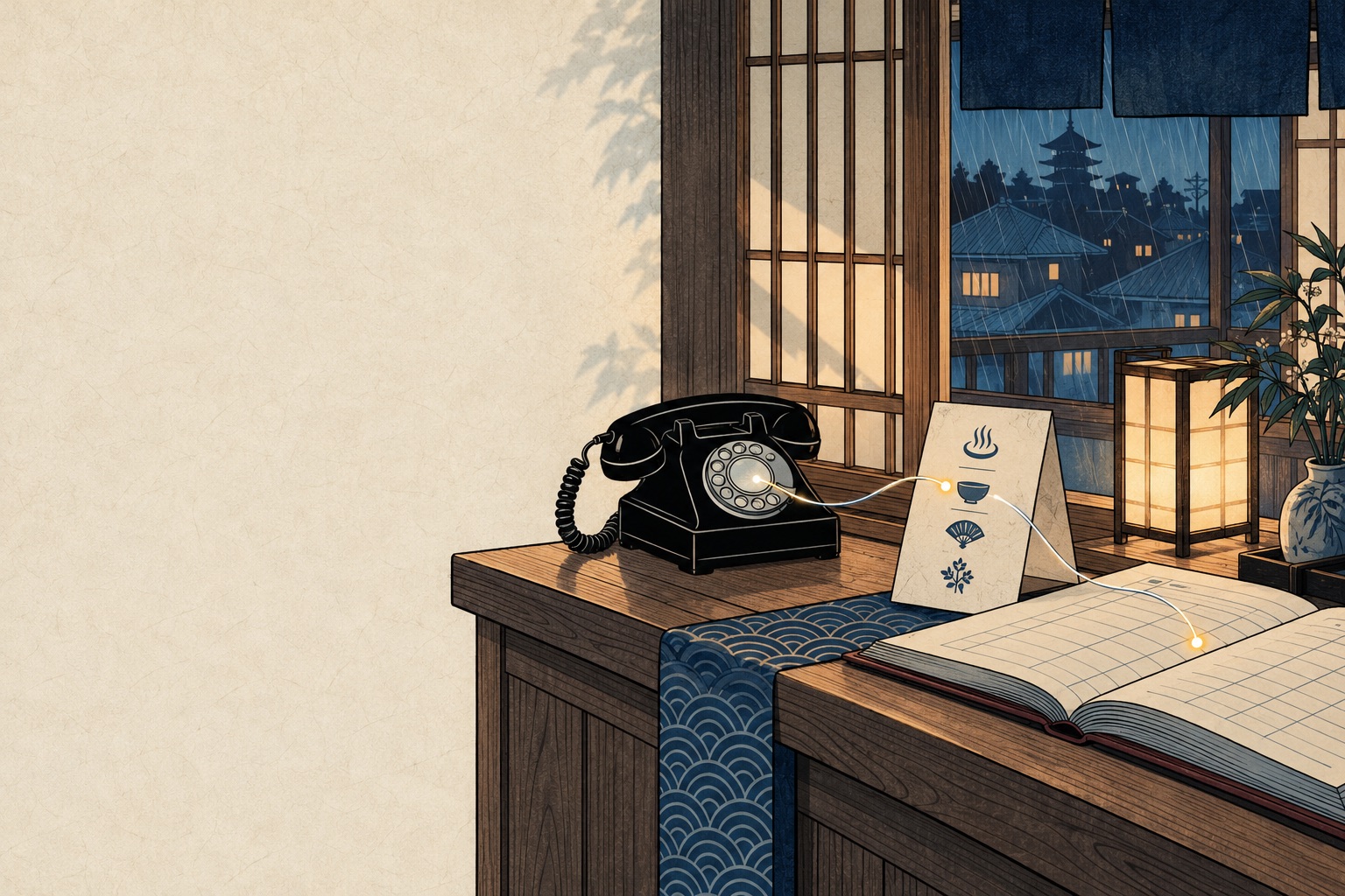 Woodblock-style desk: a glowing thread runs from the telephone, touches one service on the menu card, and enters the open book