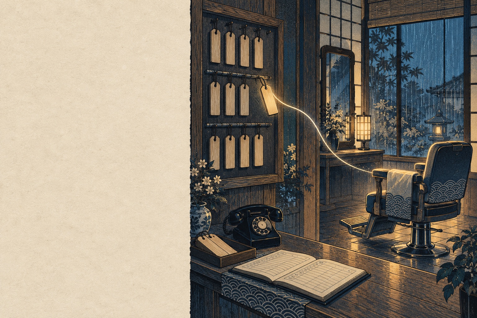Woodblock-style waitlist board: one name token travels along a glowing thread to the empty, lit chair