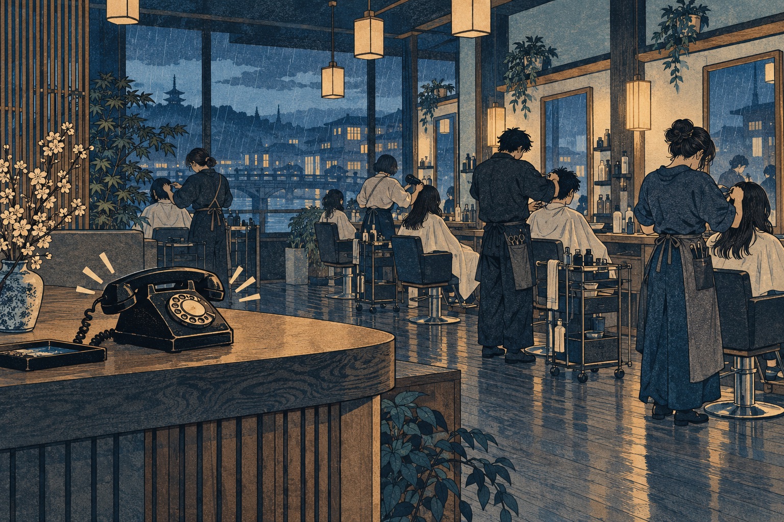 Woodblock-style busy salon: every stylist is with a client while the desk telephone rings unanswered