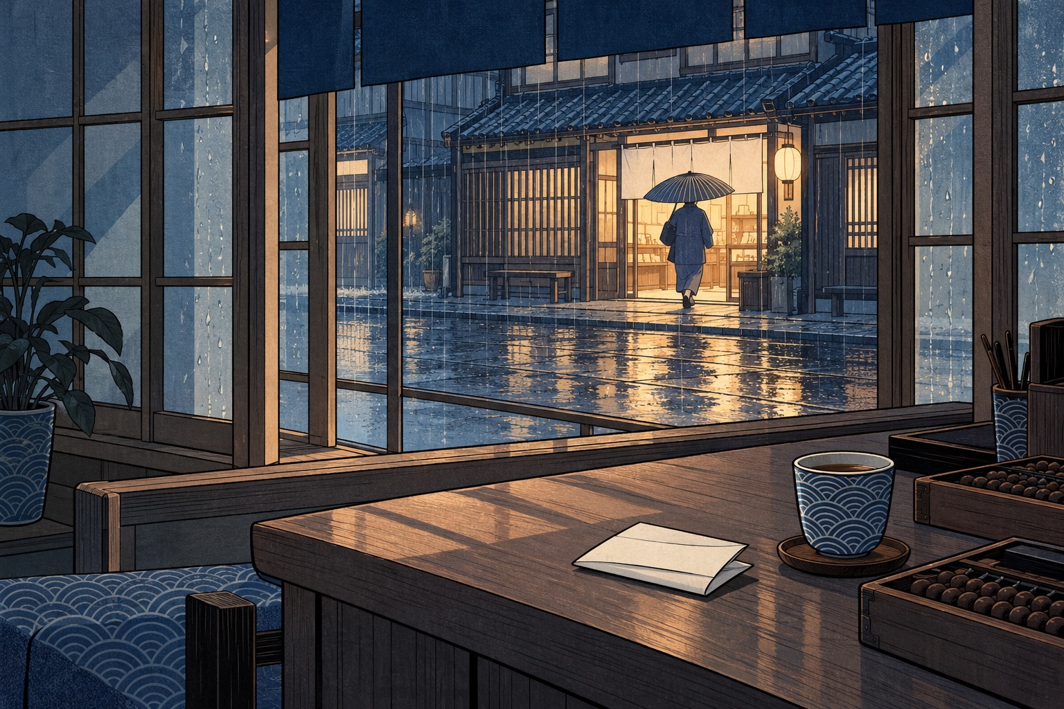 Woodblock-style morning: an unread message slip on the desk while the client walks into another shop across the street