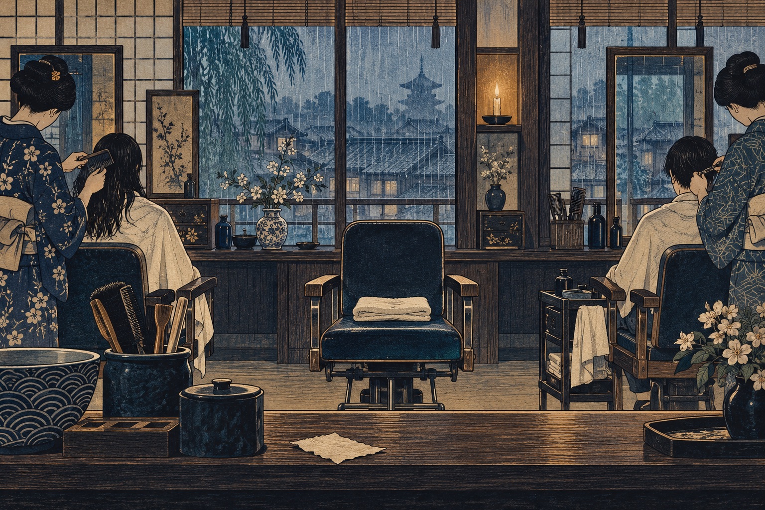 Woodblock-style salon: two chairs busy, the middle chair paid for and empty beside a torn cancellation slip
