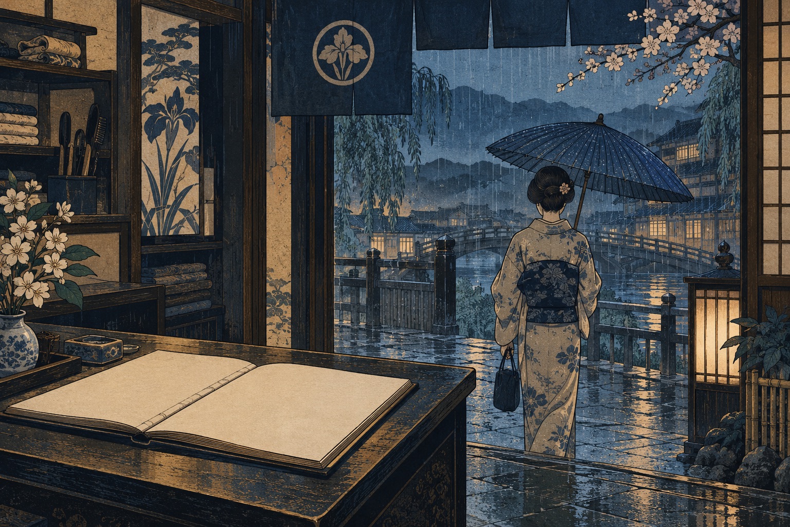 Woodblock-style doorway: a client leaves under an umbrella while the appointment book lies open on a blank page