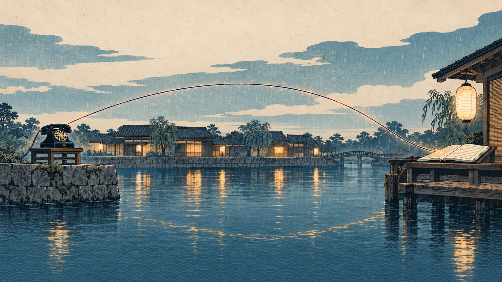 Woodblock-style canal at blue hour in soft rain; one glowing thread arcs over the water from a rotary telephone on the stone bank to an open appointment book under a lantern on the far jetty