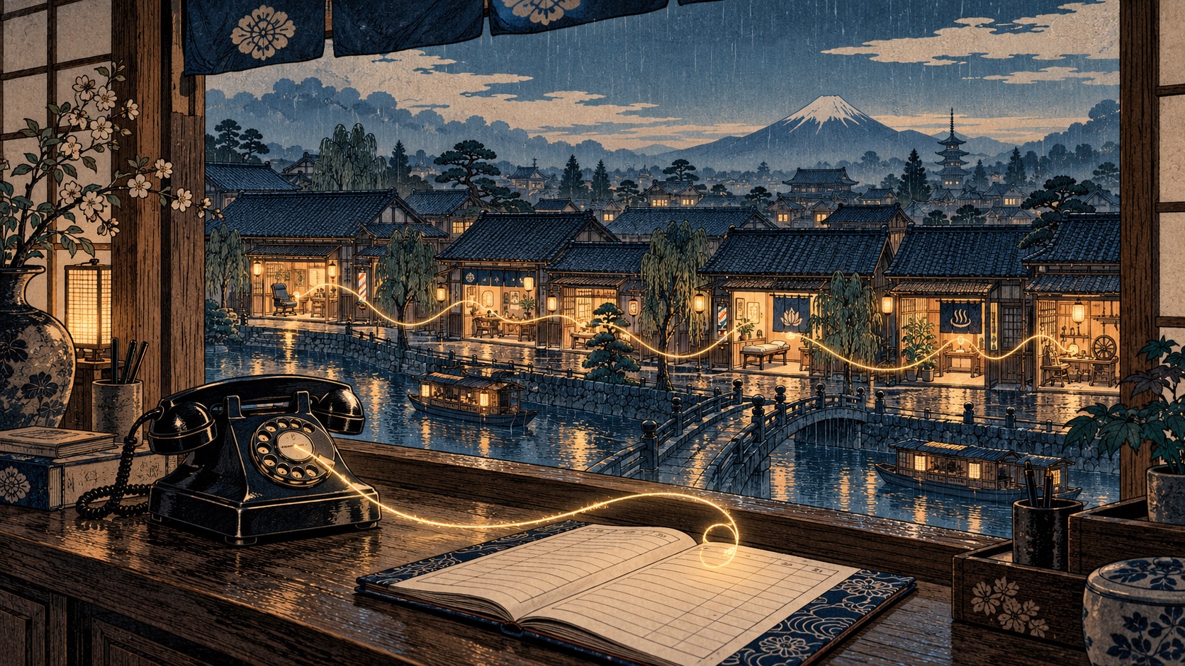 Woodblock-style view from a front desk at blue hour over a rainy town of lit shops; one glowing thread runs from the desk telephone through every doorway and back to the open appointment book