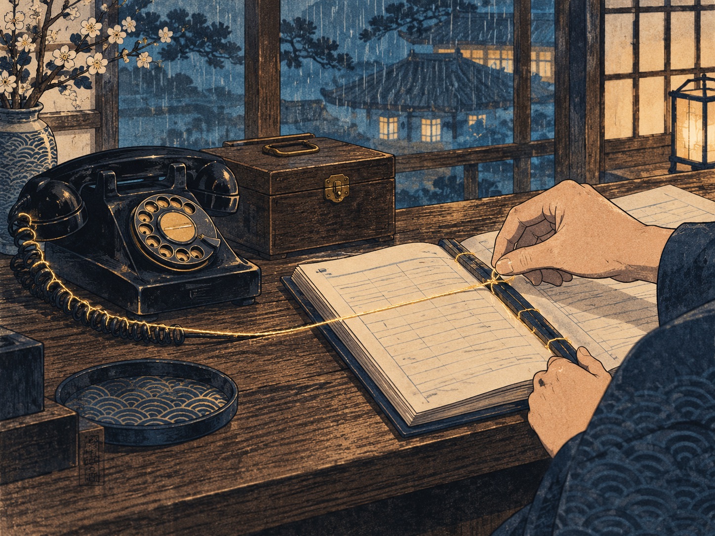 Woodblock-style desk: a hand ties a glowing thread from the rotary telephone to the open appointment book