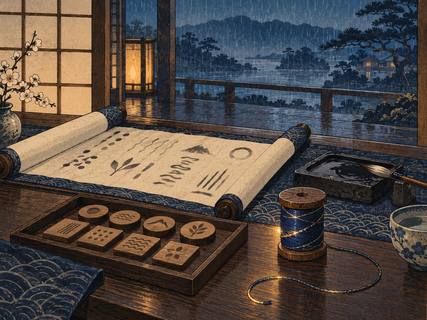 Woodblock-style desk with an open scroll of house rules, wooden tokens and a spool of glowing thread