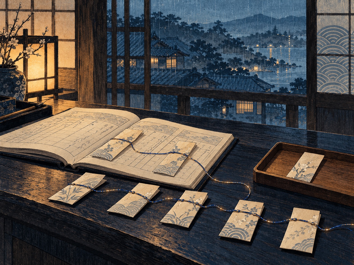 Woodblock-style rehearsal: message slips on a glowing thread tested against the book, one set aside for a person