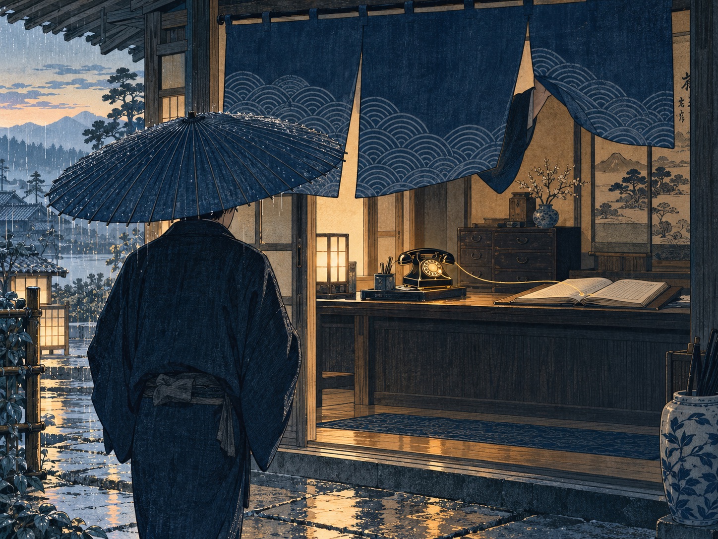 Woodblock-style shop entrance at dawn: the first client arrives under an umbrella while the lit desk telephone waits