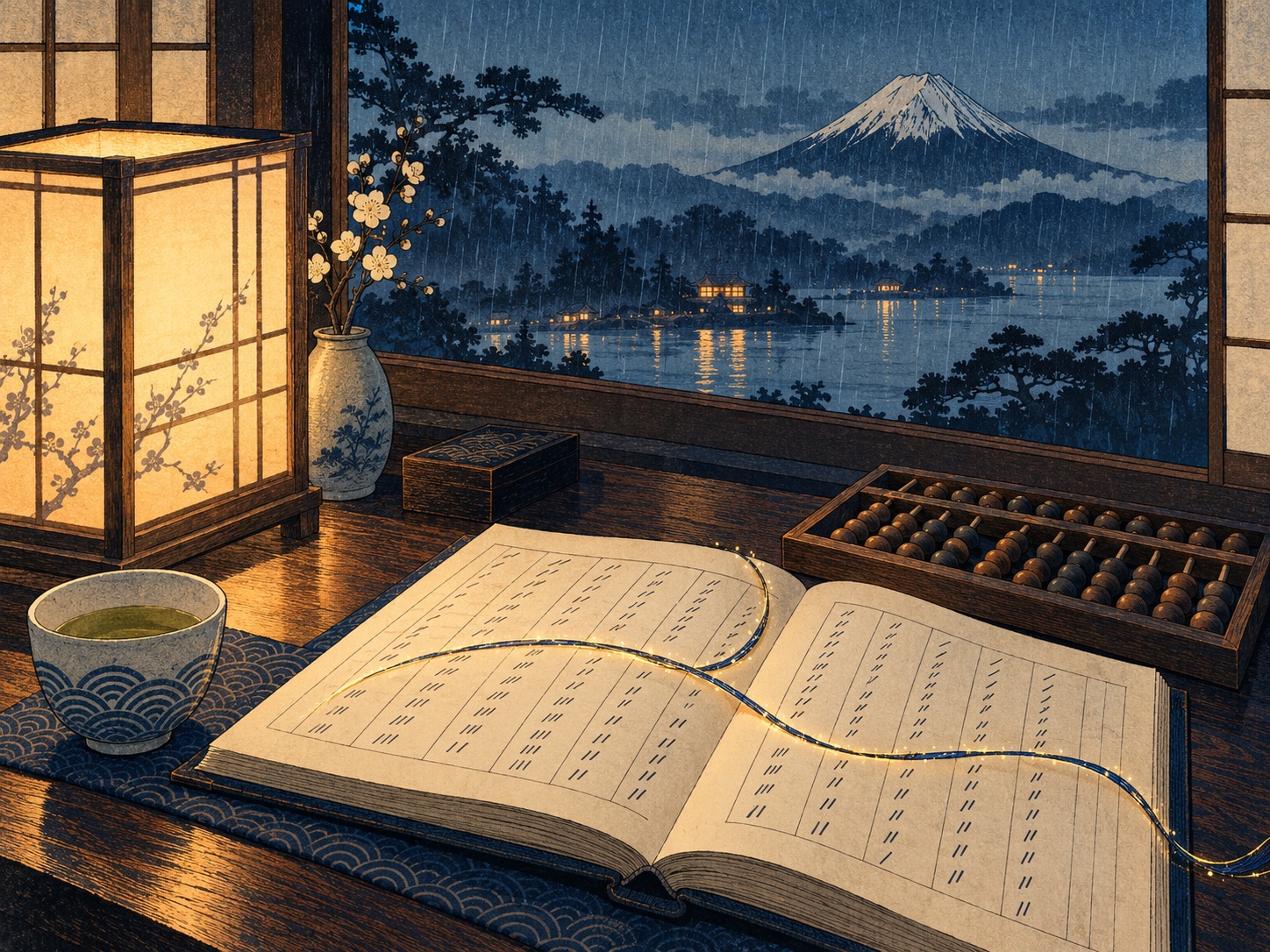 Woodblock-style evening review by lantern light: an open book with tick marks, an abacus and a calm glowing thread