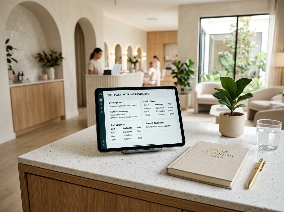 Modern tablet displaying AI agent configuration rules on an upscale salon reception desk