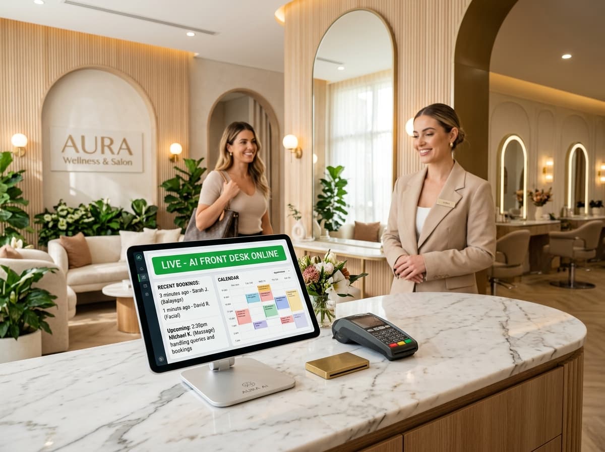 Live AI front desk dashboard on tablet beside receptionist welcoming client in luxury salon