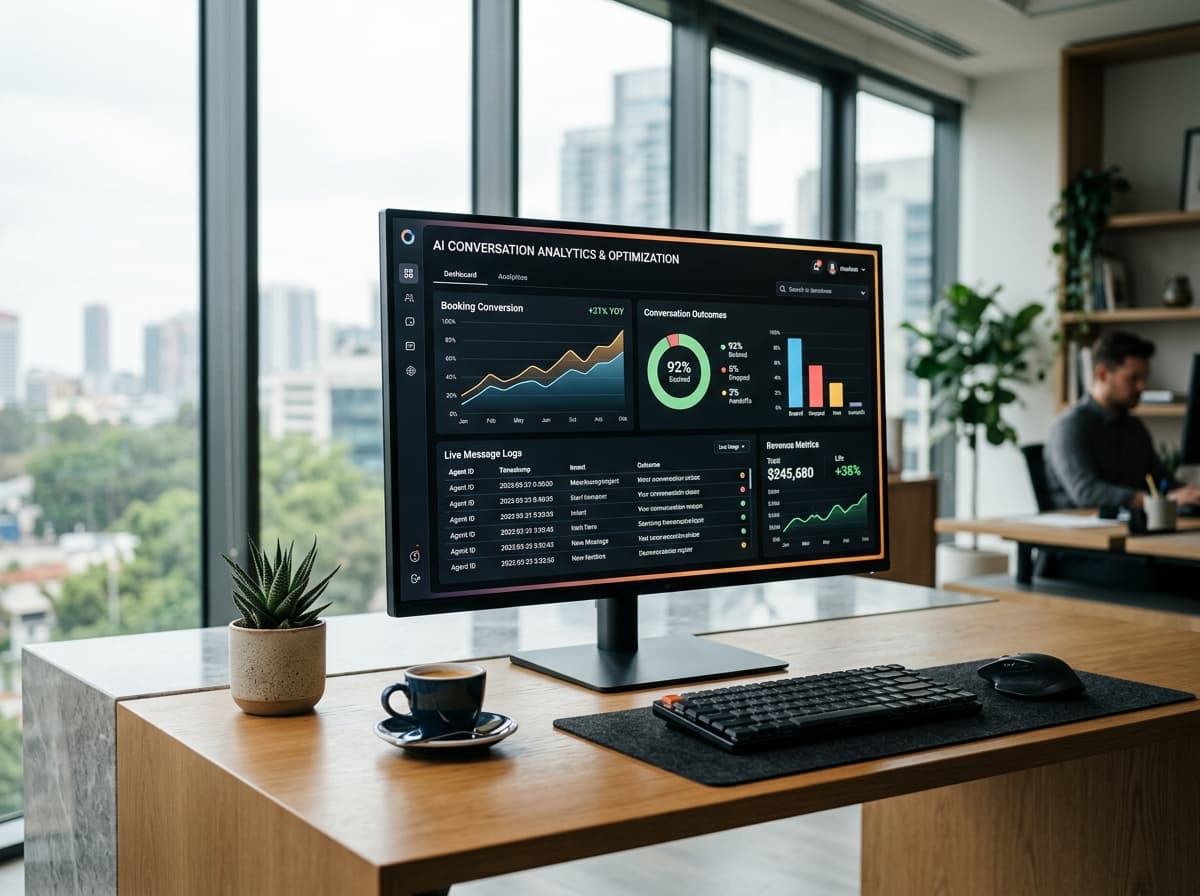 AI conversation analytics and booking optimization workbench on desktop monitor
