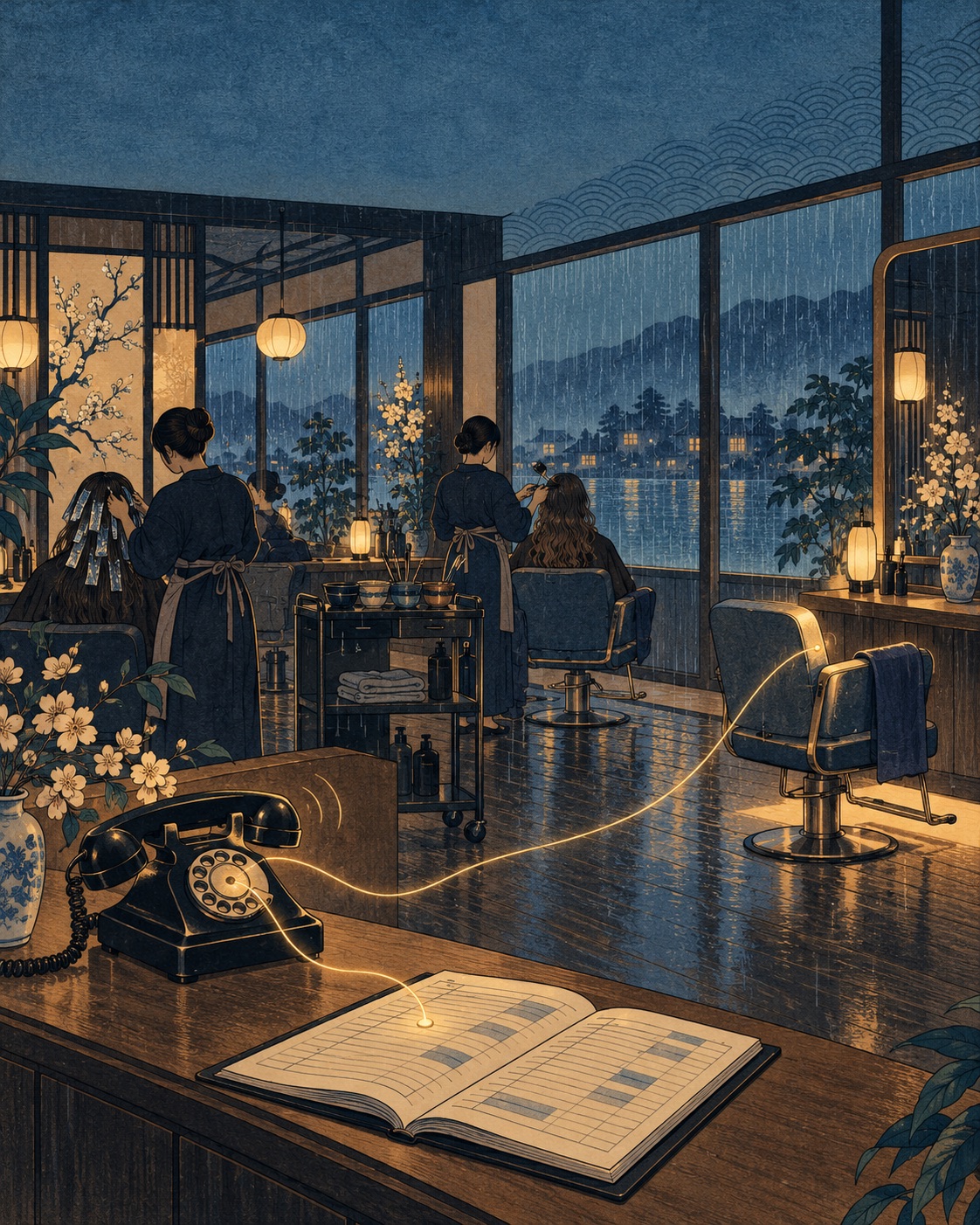 Woodblock-style colour studio at blue hour: stylists busy with clients while the desk telephone rings, a glowing thread running to the one empty chair and into the open appointment book