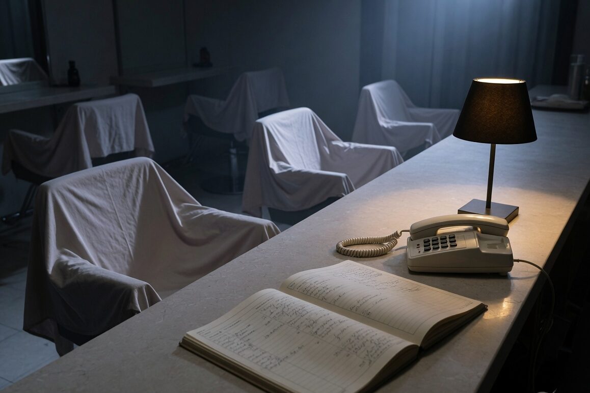 After-hours desk with the appointment book open and the phone still on the marble