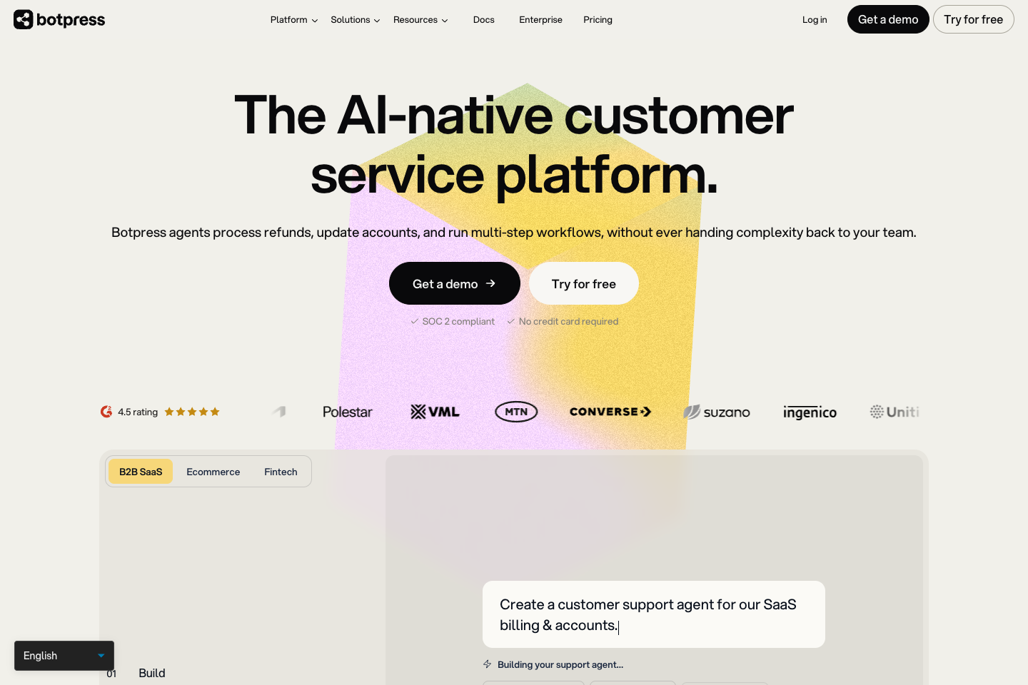 Botpress official landing page showing its visual AI-agent building environment