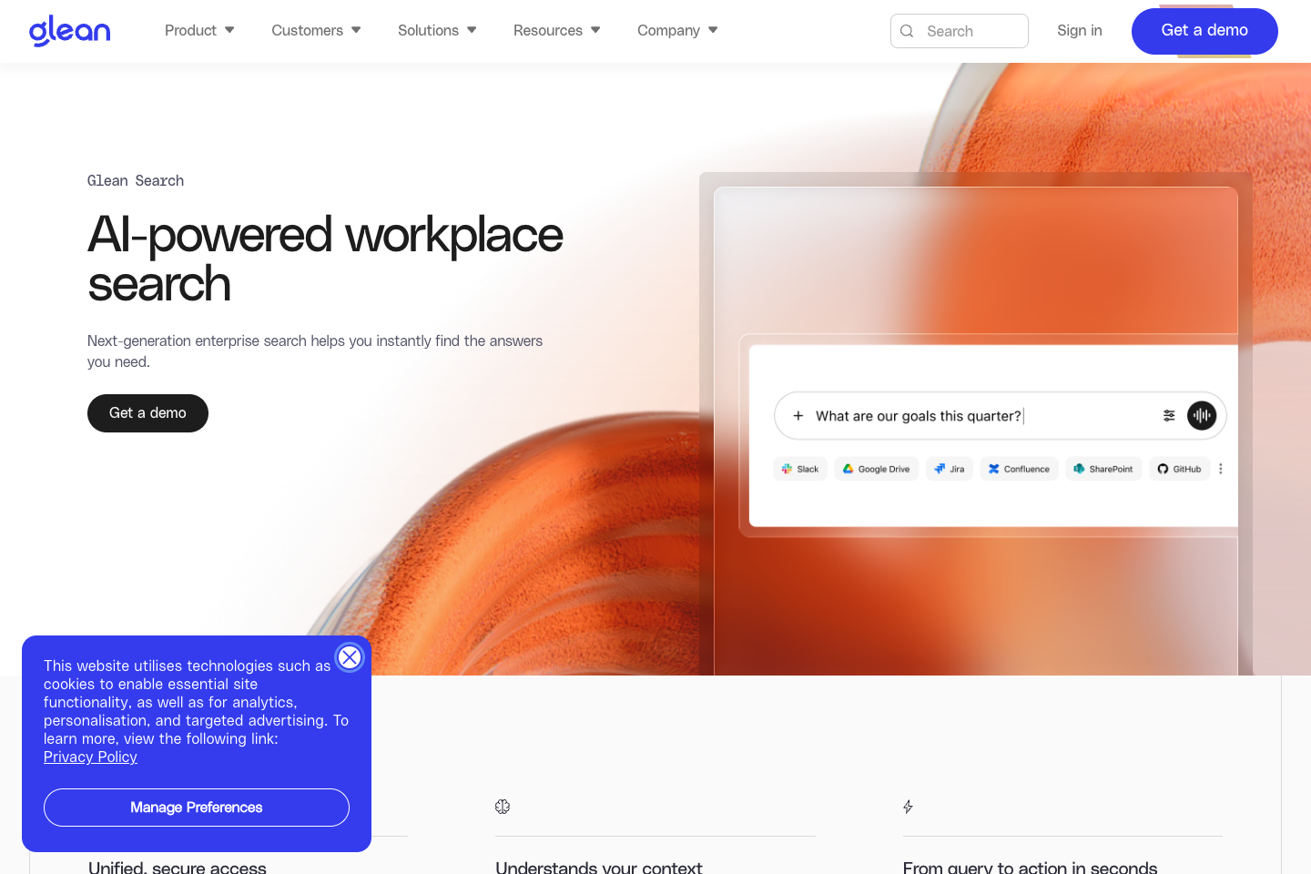 Glean enterprise search landing page showing enterprise search, connected-app context, and a grounded-answer interface