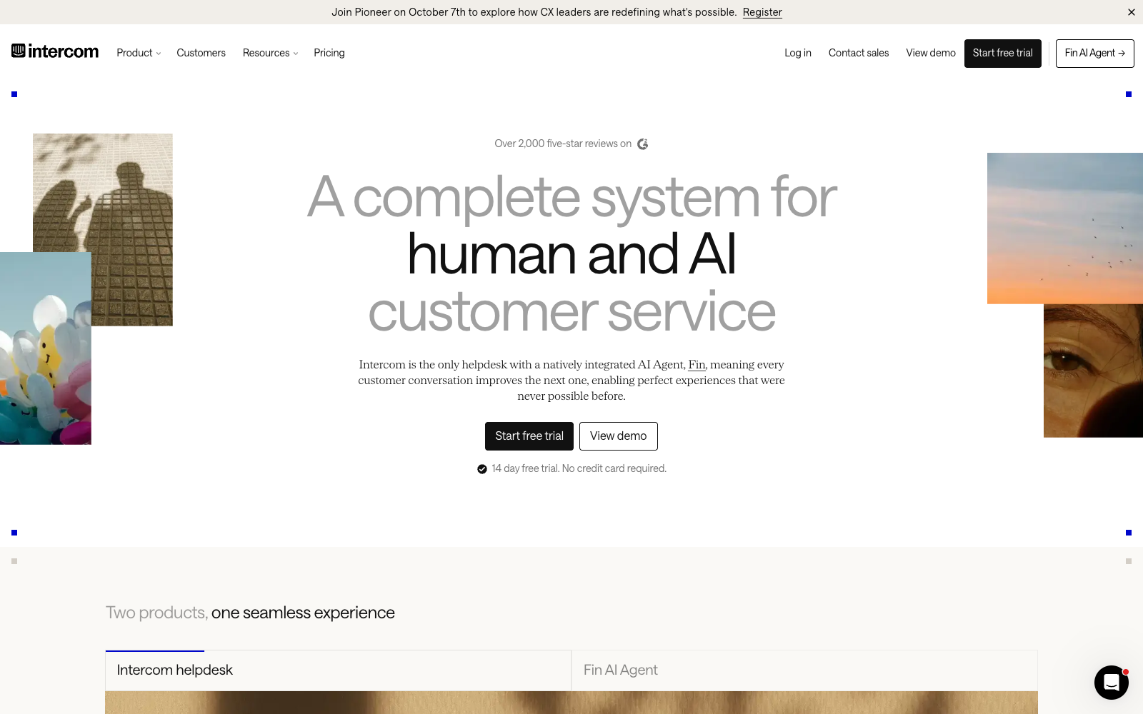 Intercom homepage. A complete system for human and AI customer service.