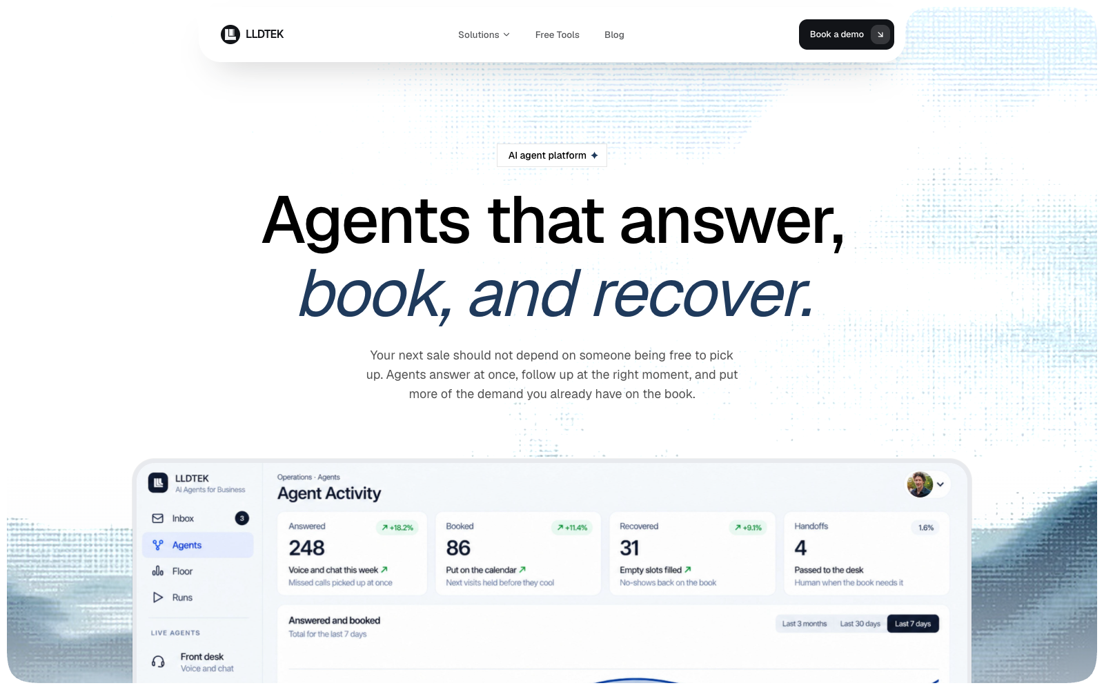 LLDTEK landing page showing agents that answer, book, and recover