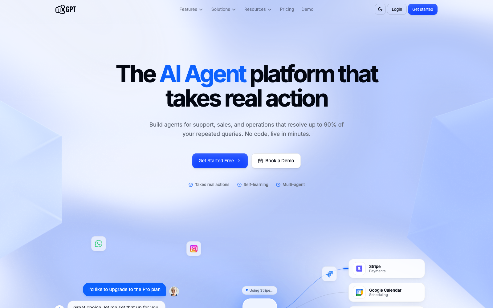 YourGPT homepage. The AI Agent platform that takes real action.