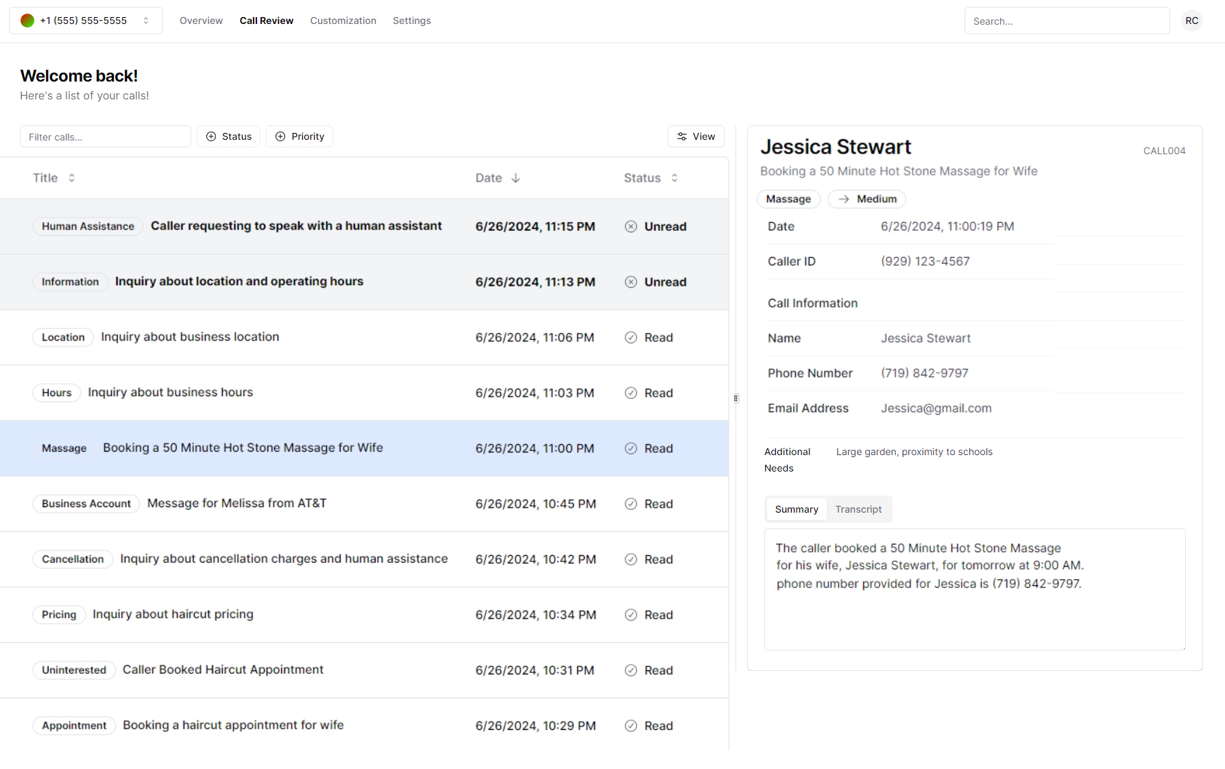 Qlient call-review dashboard listing spa bookings, transcripts, and caller details