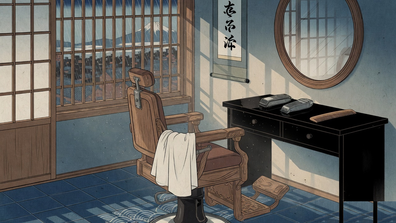 Barber chair and tools beside an open service ledger