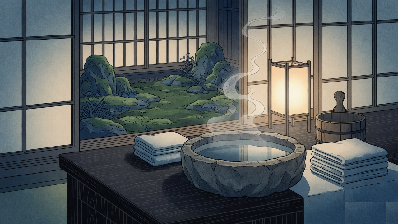 A treatment room with a stone basin, stacked towels, a lantern, and a moss garden